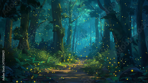 A magical forest illuminated by the soft glow of fireflies dancing among the trees. © AR Arts