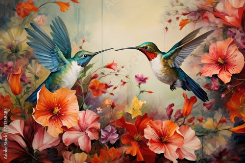 Hummingbirds hovering over brightly colored flowers, Small bird perching on branch vibrant, Ai generated © Tanu