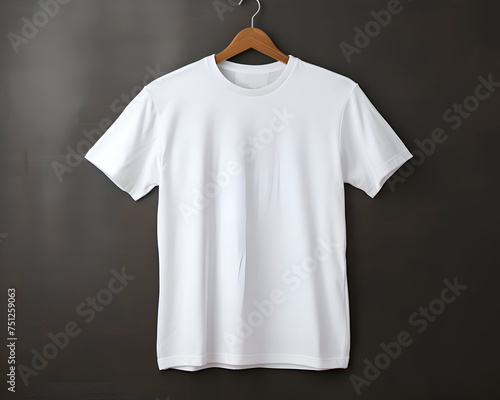 White t-shirt on hanger on dark background. Mock up