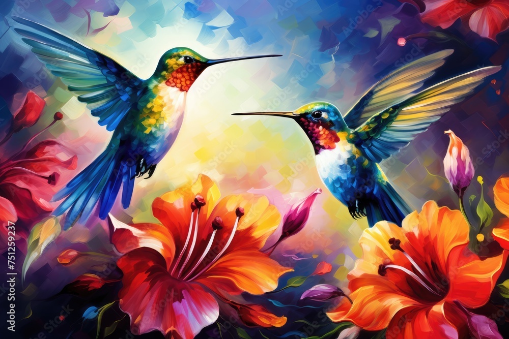 Hummingbirds hovering over brightly colored flowers, Hummingbirds in pairs and a pink flower Ai Generated