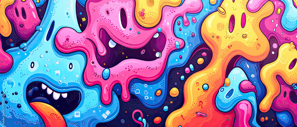 Colorful liquid cartoon cute Wave Pattern Seamless Illustration with Splashes for Abstract Background Design Art Decoration colorful bright background banner