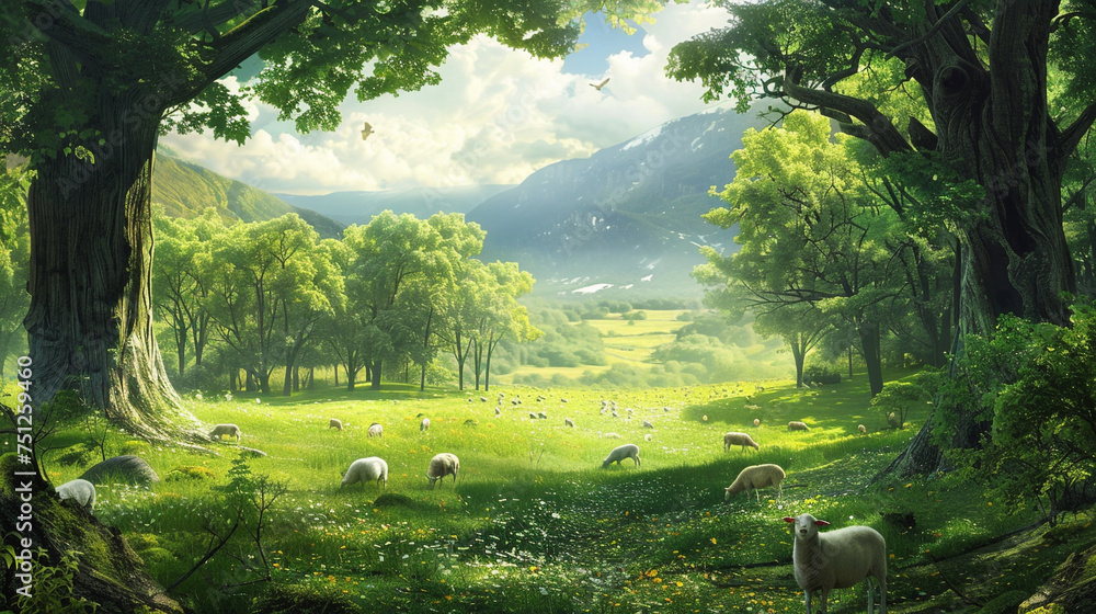 A serene countryside landscape with lush green pastures dotted with sheep and goats, symbolizing abundance and blessings. - obrazy, fototapety, plakaty 