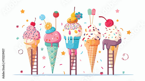 Tiny characters on ladders decorate ice cream Flat vector