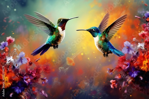 Hummingbirds hovering over brightly colored flowers, Hummingbirds in pairs and a pink flower Ai Generated © Tanu