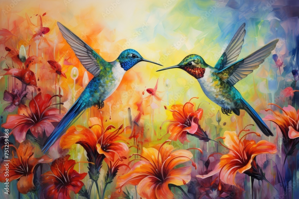 Hummingbirds hovering over brightly colored flowers, A painting of two birds with blue and green feathers , Ai generated Hummingbirds hovering over brightly colored flowers, A painting of two birds with blue and green feathers , Ai generated