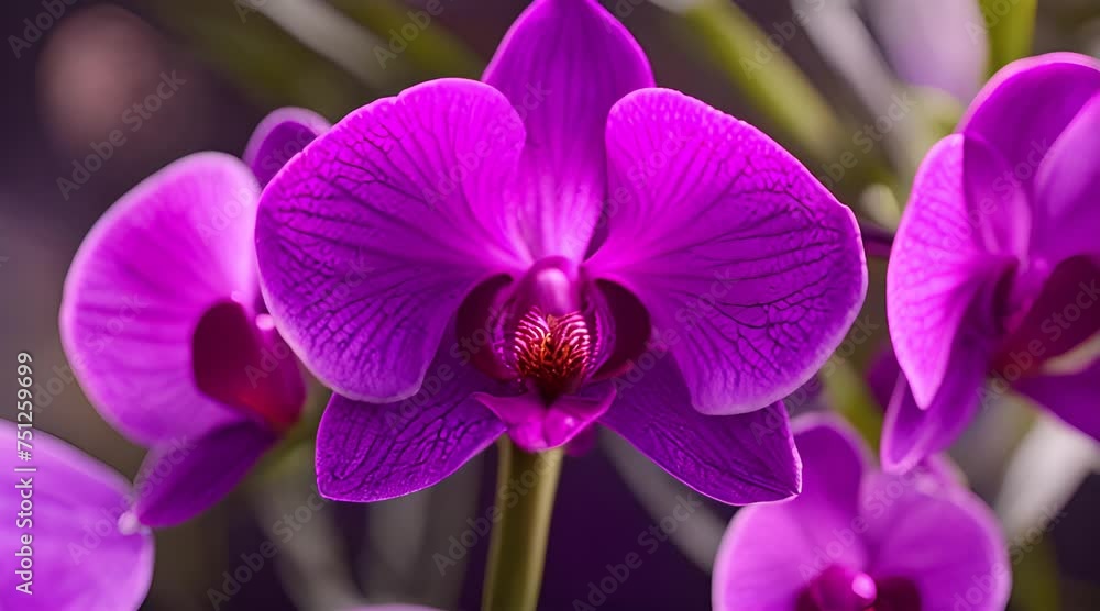 Abstract animation of orchid branches, purple petals mixed with green foliage, garden, gardening, floristry, blur. Wedding, gift, bright colors, flowers. Generated by AI Abstract animation of orchid branches, purple petals mixed with green foliage, garden, gardening, floristry, blur. Wedding, gift, bright colors, flowers. Generated by AI