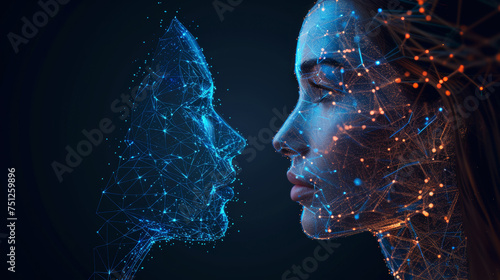 Woman and Digital Reflection. Woman's face with a digital twin reflection symbolising AI and identity.