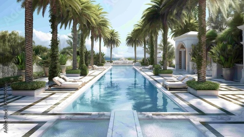 Immaculate design meets extravagance in a panoramic shot of a pristine swimming pool surrounded by palm trees and marble pathways