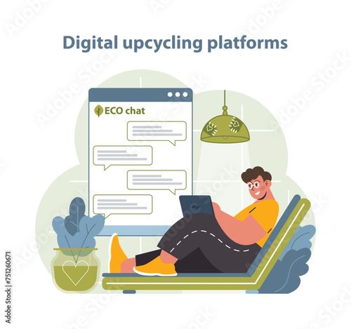 Digital Upcycling Platforms Illustration. A person comfortably interacts on an online upcycling community.