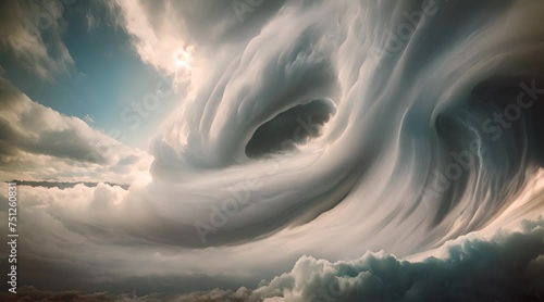 Abstract animation of a hurricane consisting of clouds, starlight, vortex, haze, fog, whirlwind, destructiveness of nature, natural phenomenon, space, nebula. Generative by AI photo