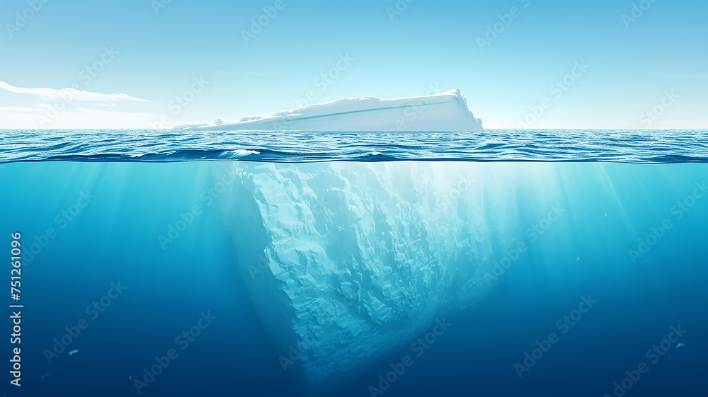 Top and underwater view of a huge beautiful iceberg in blue icy water