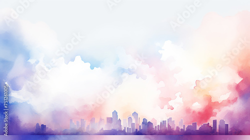 Urban landscape in pink and blue clouds, background postcard in watercolor style