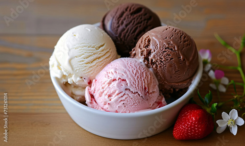 Three scoops of organic ice cream  one of vanilla flavor  another of chocolate flavor  and another one of strawberry flavor 