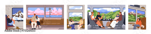 Tourists in train trip set. Passengers sitting on seats, railway travel. People looking outside window at nature landscapes, reading, chatting with friends. Railroad journey. Flat vector illustrations