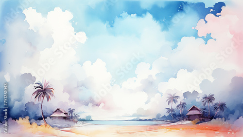 Abstract landscape in multicolored clouds  watercolor background postcard