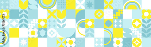 Seamless geometric summer background from flowers ornament, bright textiles and wallpaper. Daisies and bells in yellow and blue sunny shades for packaging goods and gifts.