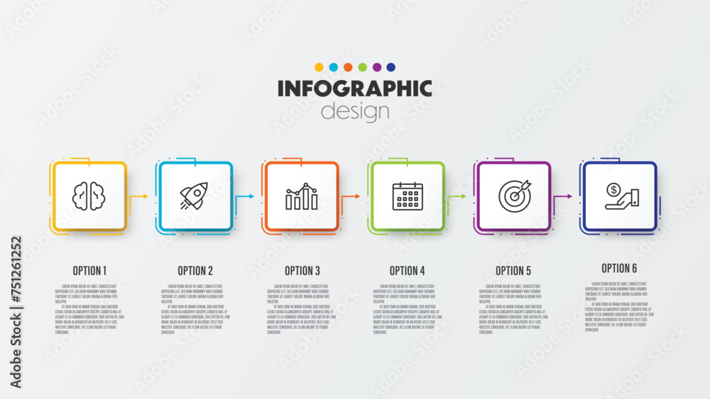 Vector timeline presentation infographic template with concept business icon 6 option square shape.