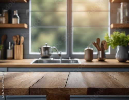 Empty wooden top table in kitchen with blurred window background in the morning