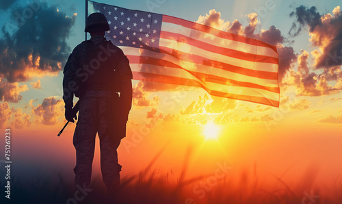 Soldier and USA flag on sunrise background .Concept National holidays , Flag Day, Veterans Day, Memorial Day, Independence Day, Patriot Day.  