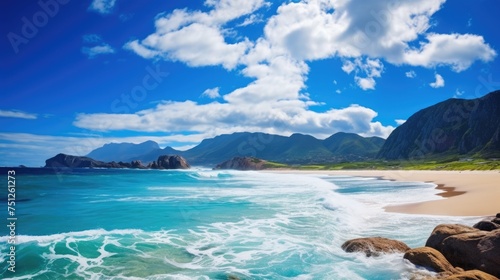 Beautiful scenery mountains sea beach blue sky white clouds seascape wallpaper background