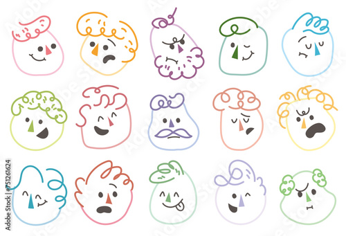 Fototapeta Naklejka Na Ścianę i Meble -  Outline flat face with variety cute and funny facial expression set. Cartoon doodle style round character emotion. Comic colorful happy, calm, worry, angry, anxiety, smile face with line draw hair