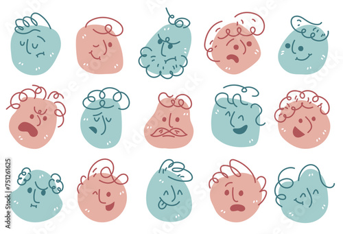 Abstract flat face with variety cute and funny facial expression set. Cartoon doodle style round character emotion. Comic colorful happy, calm, worry, angry, anxiety, smile face with line draw hair