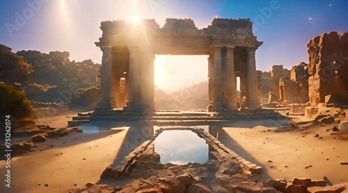 Abstract animation of stone ruins in the sand. Rocks, mountains, stony building, ancient architecture, sun rays, оазис, mysticism, gates, arch, passage, old structure. Generative by AI photo
