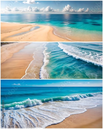 set of beautiful tropical beach with palm trees, thailand, travel and vacation concept collage of pictures of the beach and sea abstract background with waves and sea.