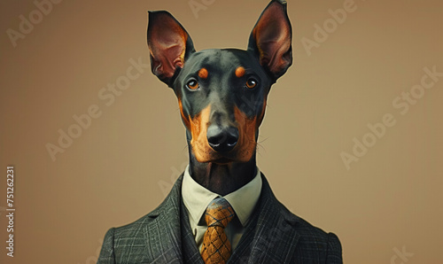 Portrait of a doberman dog dressed in an elegant business suit