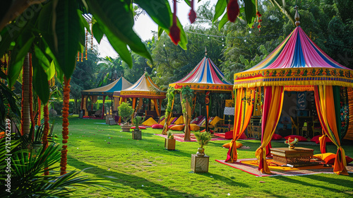 Colorful traditional tents set up for Eid ul Azha celebrations, surrounded by lush greenery and cheerful decorations.