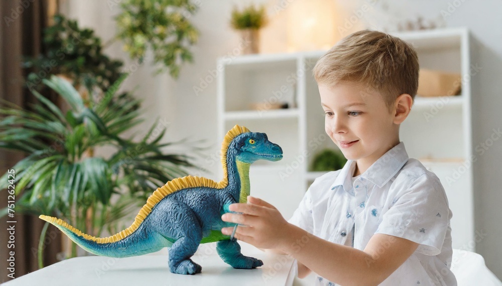 Obraz premium child cute boy playing with a toy dinosaur in light interior