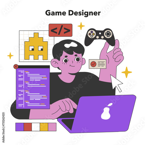 Dynamic Game Designer Developing Interactive Worlds. Flat vector illustration
