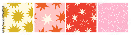 Stars, seamless patterns set. Starry background, endless repeating print. Modern printable texture for wallpaper, fabric, textile, wrapping, package design. Repeatable kids flat vector illustrations
