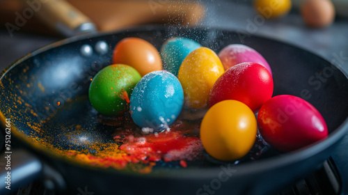Bunte Ostereier in einer Bratpfanne werden zu Spiegelei zu Ostern zubereitet leuchtende Farben Marketing zu Ostern Generative AI