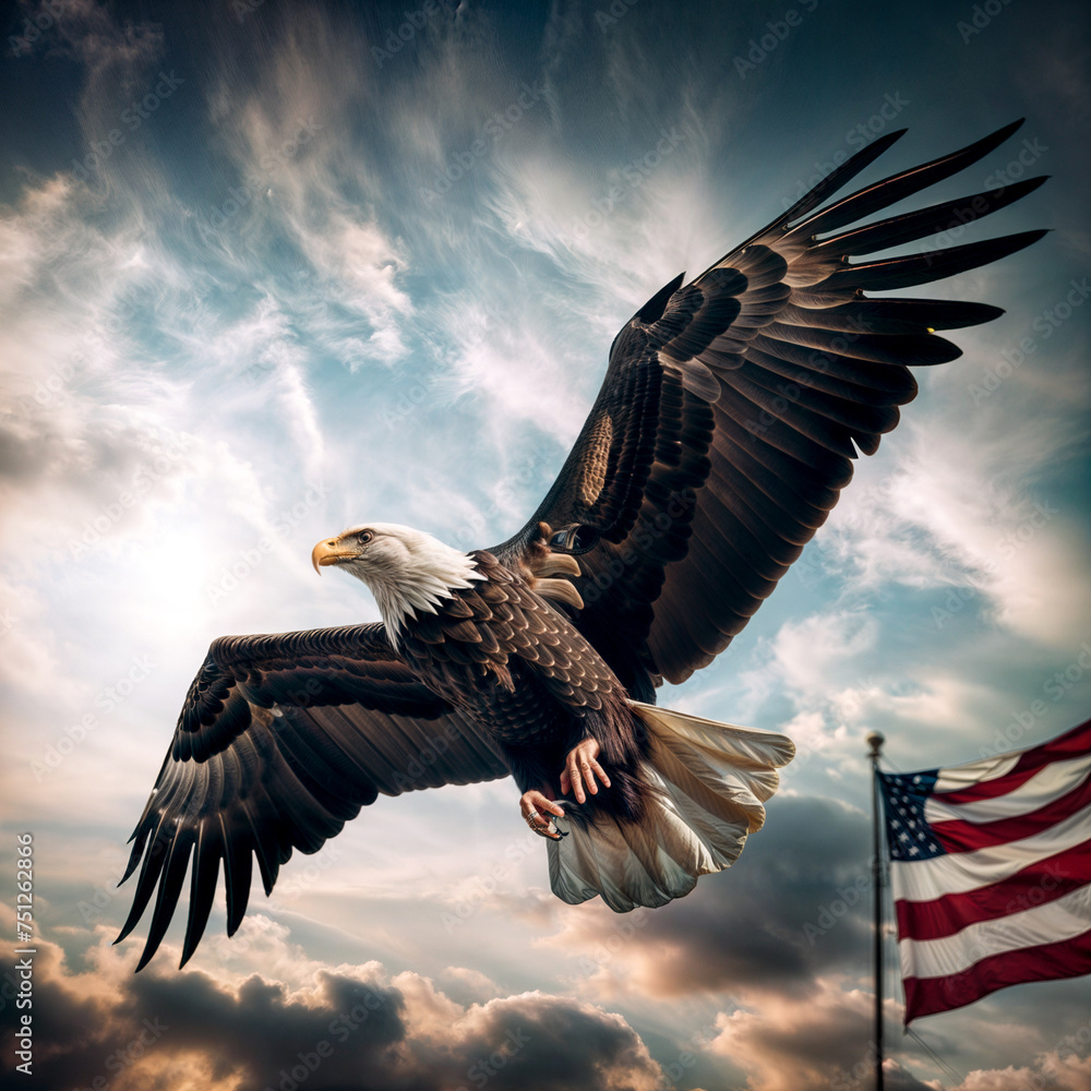eagle flying in the sky over the American flag. eagle flying in the sky over the American flag.