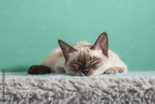 Serene Siamese Cat Napping Peacefully on Soft Blanket Banner