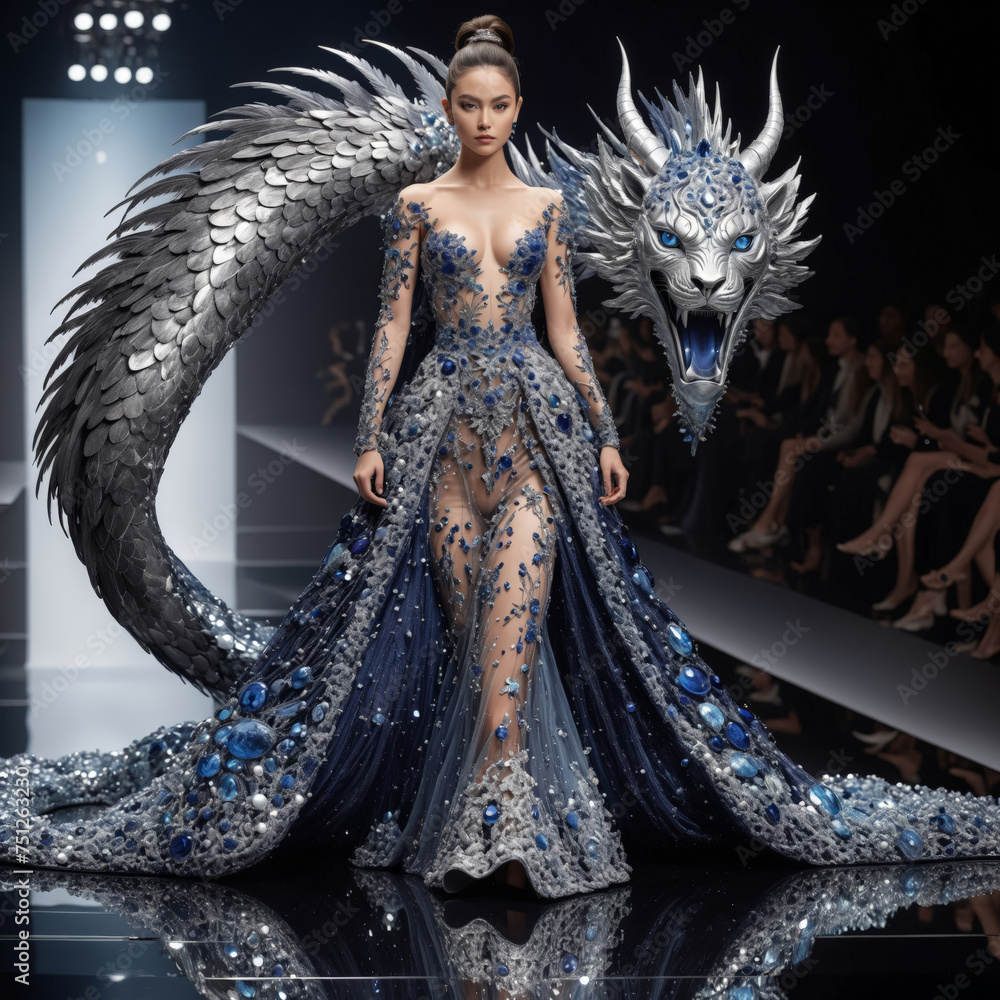 Stunning Fashion Model in Dragon-Inspired Designer Gown at Show