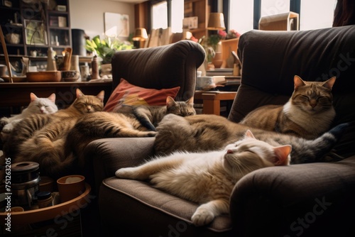 Cats lounging around on a lazy Sunday afternoon, Cute cat relaxing indoors, Ai generated