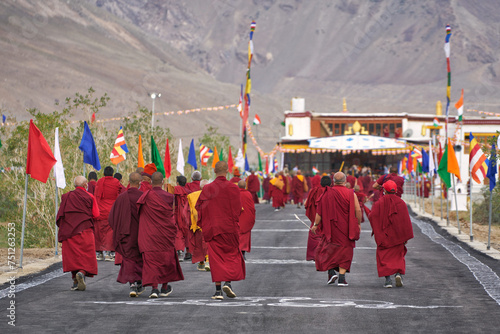 Monks walking at the Duzin Photong buddhist School in Zanskar