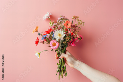 Hand Holding a Colorful Assortment of Fresh Spring Flowers Banner