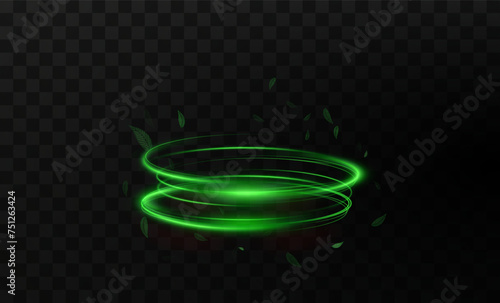 Fresh wind swirls with green leaves and glitter and neon green lines . Cool air twirl and swirl effect with flying mint leaves. Light effect for advertising of refreshing drinks, cocktails 