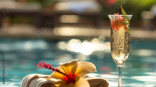 a captivating close-up still life on a poolside table. Feature a chilled champagne