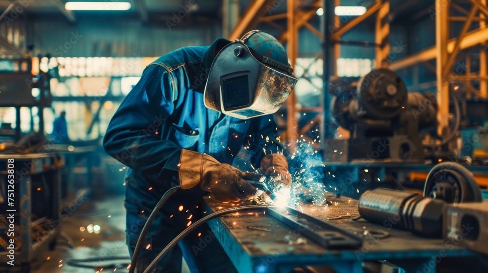 Industrial Welder at Work in Fabrication Workshop. Generative ai Industrial Welder at Work in Fabrication Workshop. Generative ai