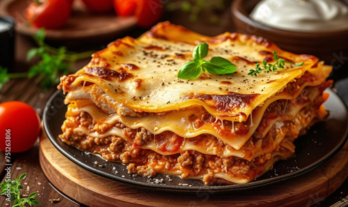 delicious Italian lasagna with basil leaves and cheese