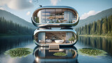 Futuristic Eco-Friendly Floating House Concept in Serene Lake Setting