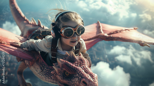 one child toddler boy or girl fly over the city on the dragon