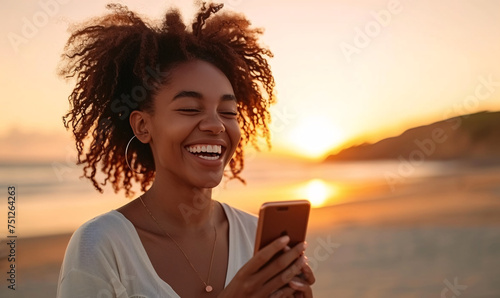Beautiful happy smiling African American black woman laughing at her ...