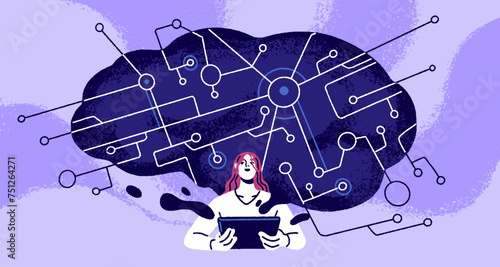 Neural network concept. Human studying digital AI brain. Artificial intelligence technology training, machine learning science, knowledge, memory, automation and education. Flat vector illustration