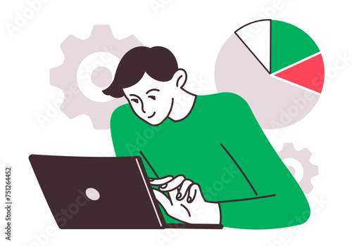 Man works with laptop computer analyzing statistical data conducting research collecting information