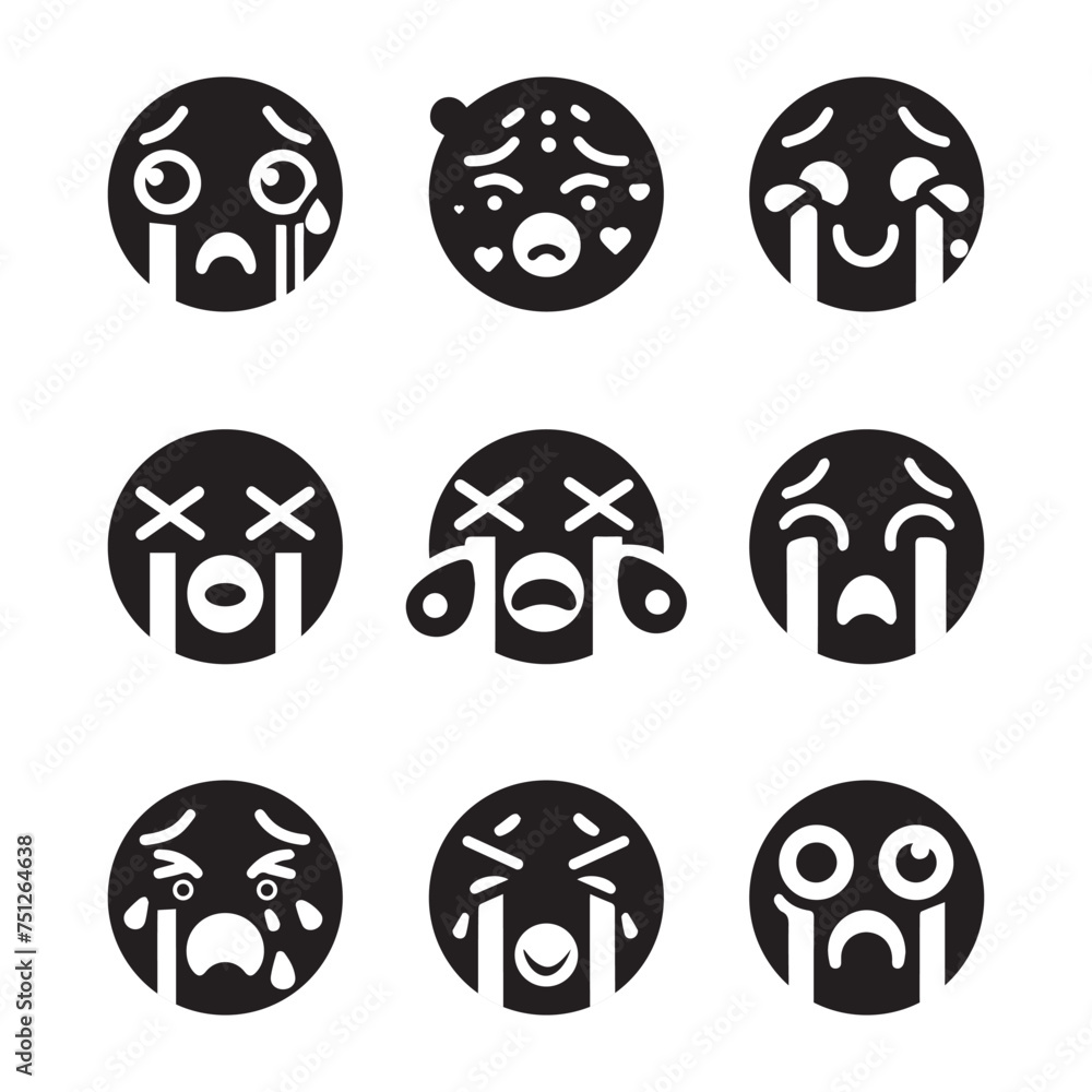 Sad emoji set silhouette vector. Emojis flat icons